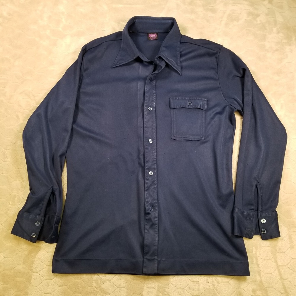 VTG 70s‎ Joel Cal Made Disco Navy Polyester Long Sleeve Shirt Sz Lg See Pics